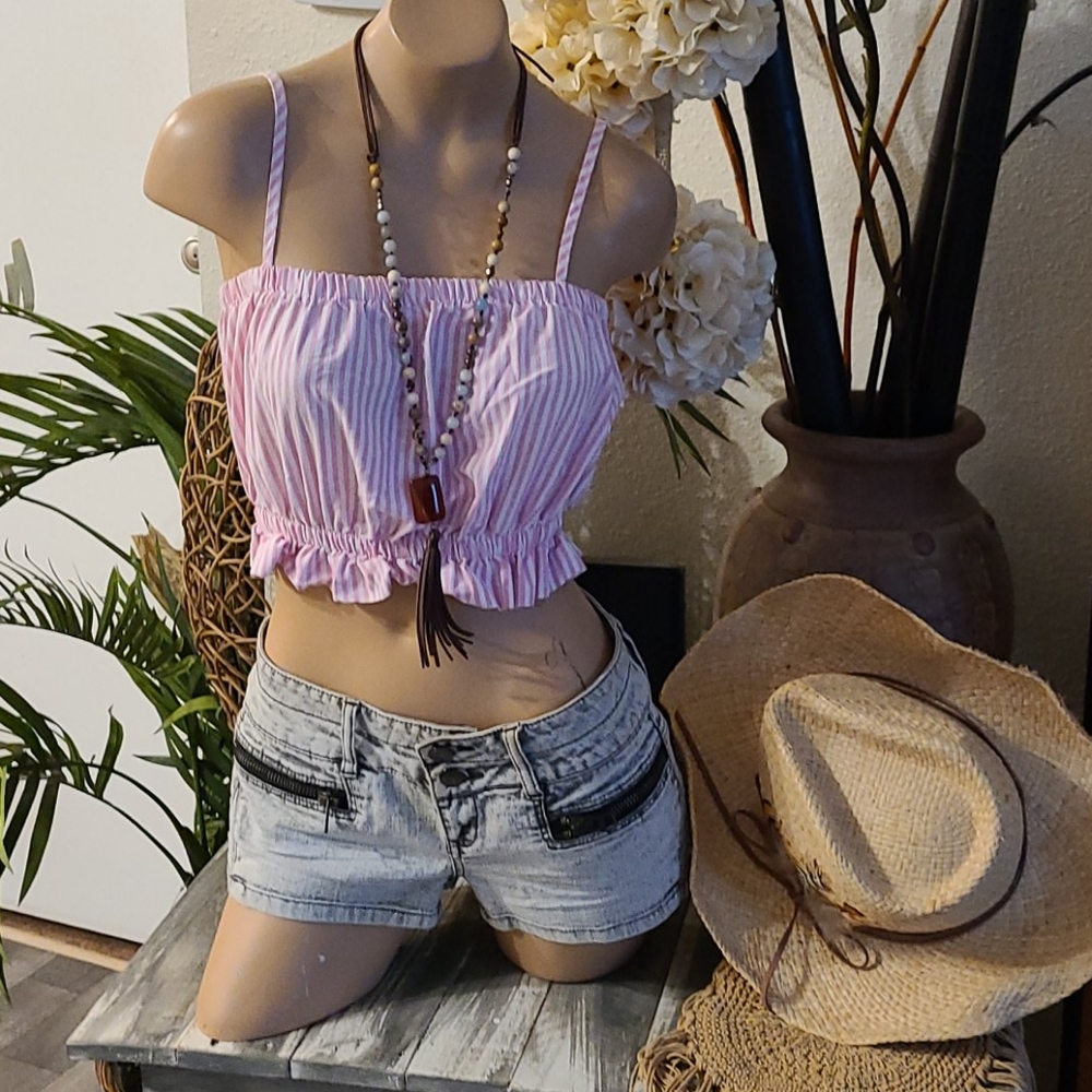 SALE PINK WHITE TIE CROP TOP ELASTIC S SEXY CUTE